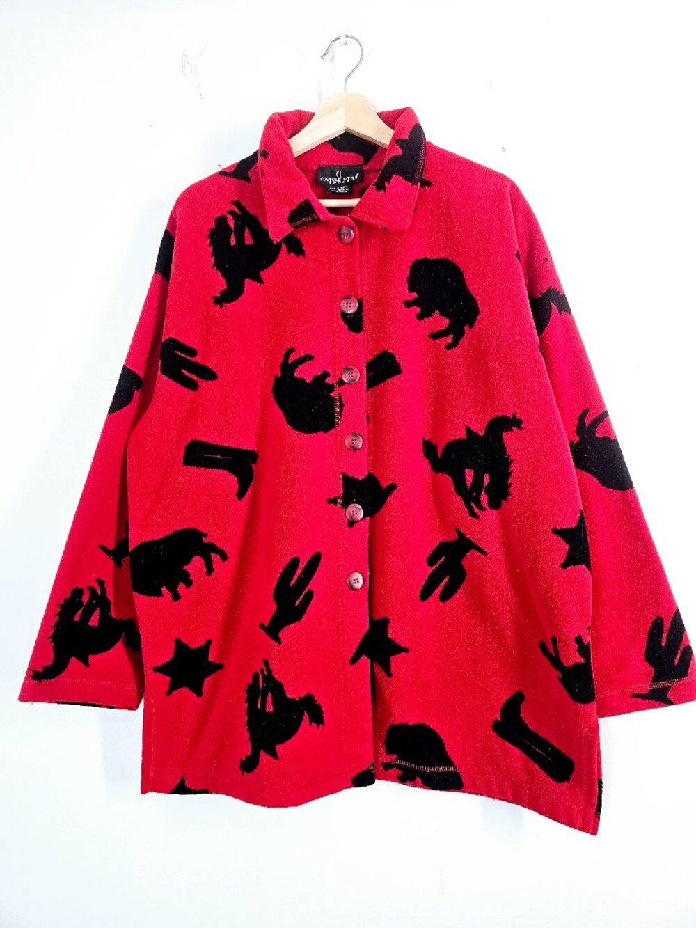 Carole Little Red Southwestern Cactus Cowgirl Boot Theme Button Front Sweater L